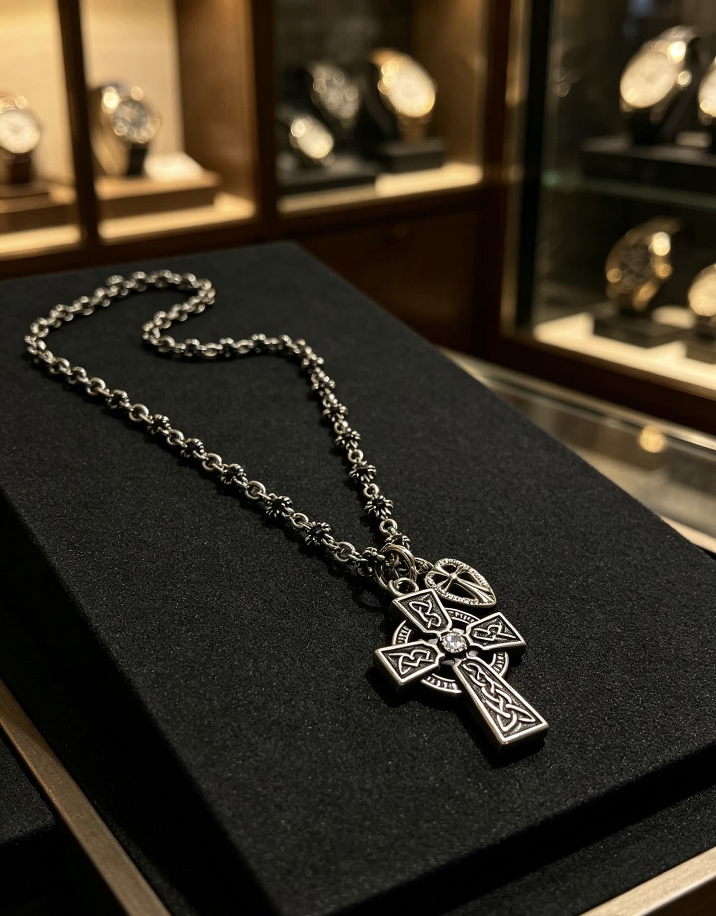 Chrome Hearts Silver Celtic Cross Necklace with Heart Charm